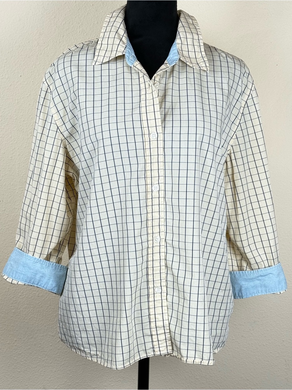 Talbots Yellow Plaid Button-Front Shirt Light Blue Chambray Cuff and Collar Trim
